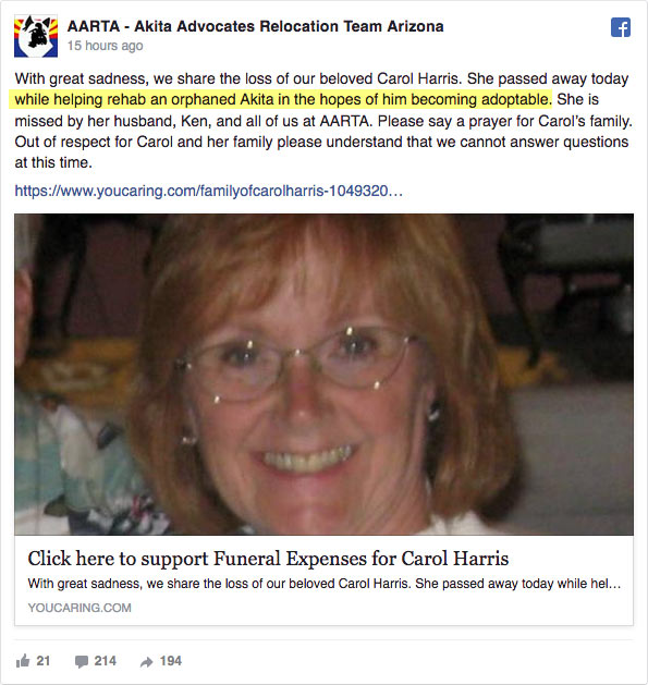 Carol harris killed by rescue akita